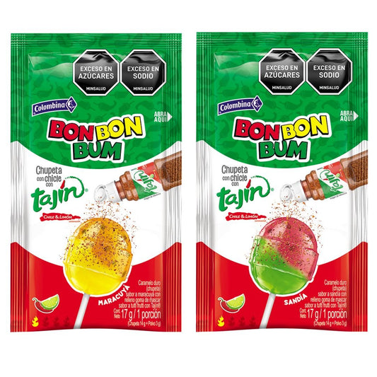 Bon Bon Bum Maracuyá & Sandía con Tajín – 20 Pack (340g / 11.99 oz) – Colombian Lollipops with Bubblegum Center & Spicy Tajín Dip bag - JETa Imports®
