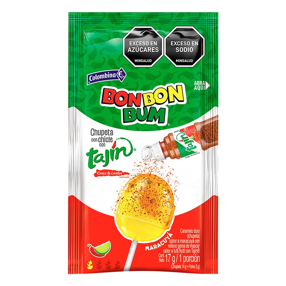 Bon Bon Bum Maracuyá & Sandía con Tajín – 20 Pack (340g / 11.99 oz) – Colombian Lollipops with Bubblegum Center & Spicy Tajín Dip bag - JETa Imports®
