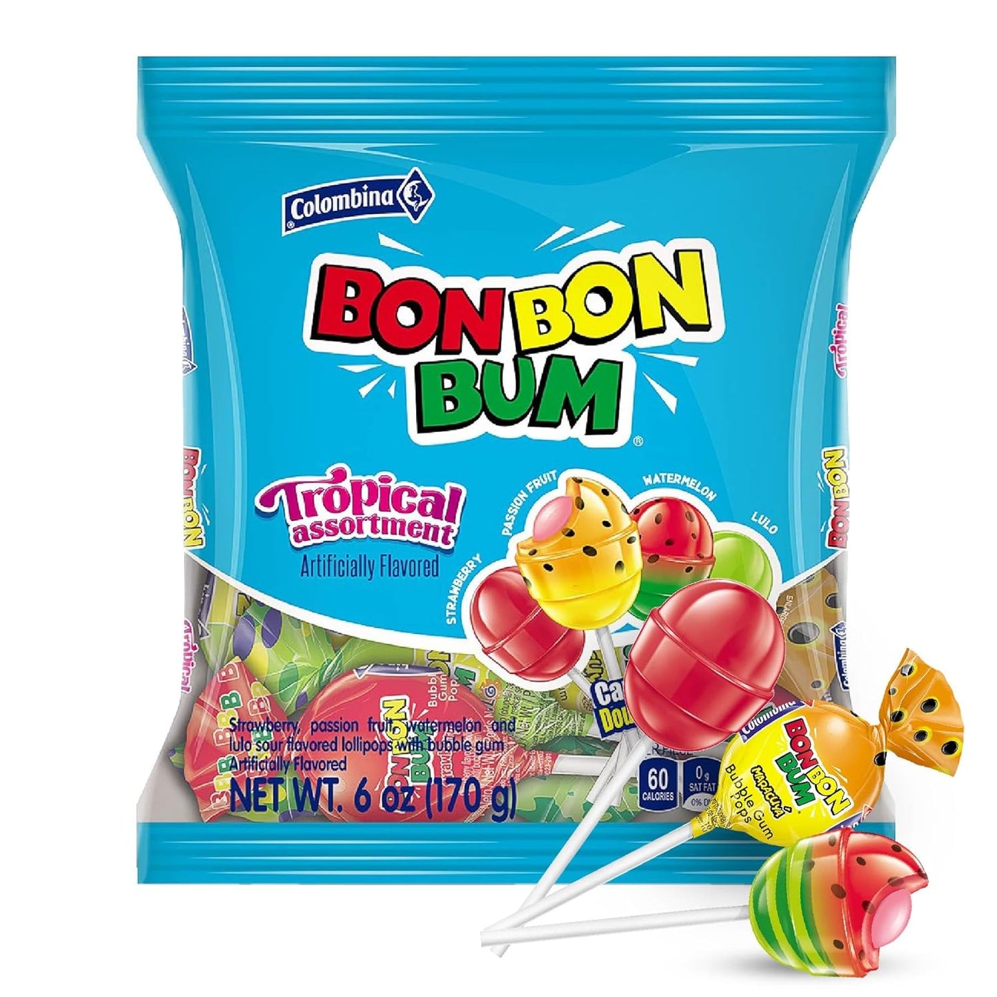 Bon Bon Bum Tropical Assortment Lollipops – 10 Pack – 170g (6 oz) Bag – Colombian Bubble Gum Filled Lollipops – Imported from Colombia - JETa Imports®