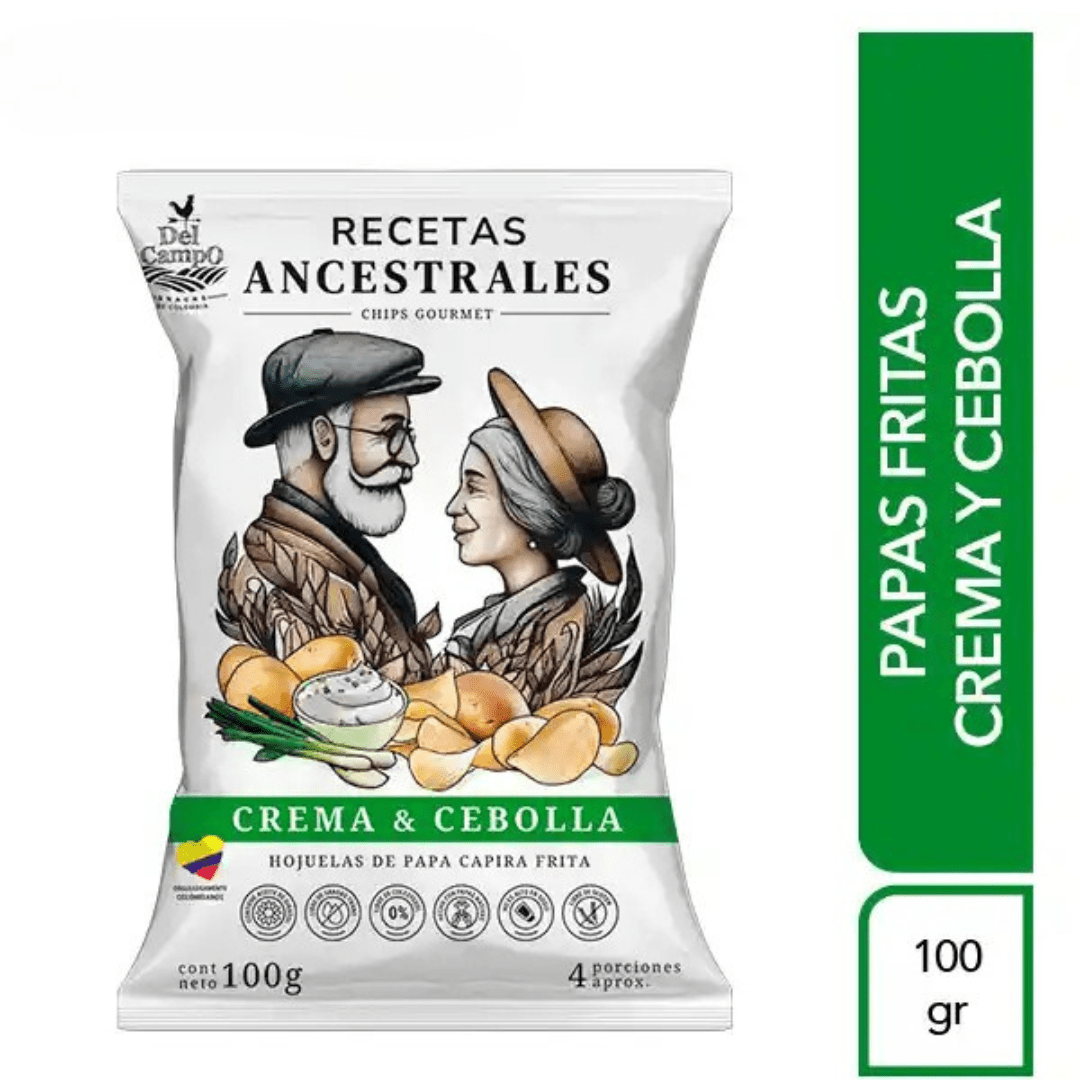 Delcampo Papa Ancestrales Crema y Cebolla – 100g (3.53 oz) – Sour Cream & Onion Ancestral Potato Chips from Colombia - JETa Imports®