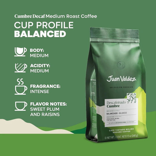 Juan Valdez Cumbre Decaf Medium Roast Ground Coffee – 12 oz (340 g) – Premium Colombian Decaffeinated Coffee – Imported - JETa Imports®