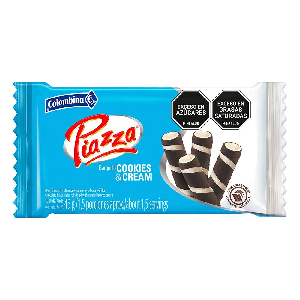 PIAZZA Barquillo Cookies & Cream 45 g – 45 g (1.59 oz) – Colombian Crispy Wafer with Cookies & Cream Filling – Imported from Colombia - JETa Imports®