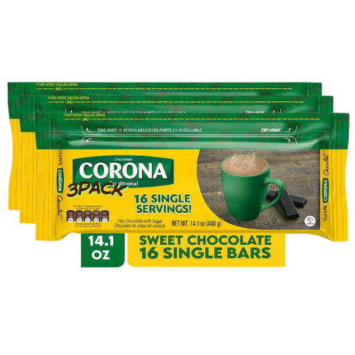3 Pack Chocolate Corona – 14.1 oz (400g) – Traditional Colombian Sweet Hot Chocolate Bar – 16 Single Bars – Resealable Pack