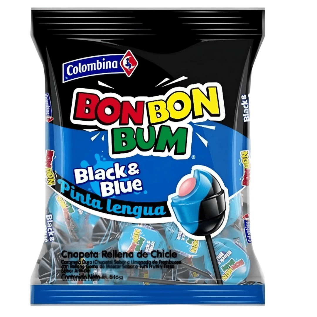 Bon Bon Bum Black & Blue Pinta Lenguas Lollipops – 384g (13.5 oz) Bag – Colombian Bubble Gum Filled Candy – Imported from Colombia - JETa Imports®