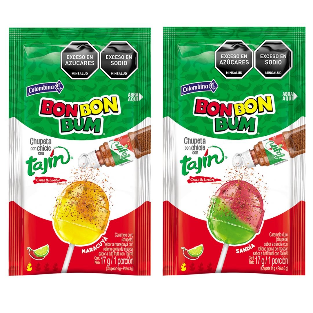 Bon Bon Bum Maracuyá & Sandía con Tajín – 20 Pack (340g / 11.99 oz) – Colombian Lollipops with Bubblegum Center & Spicy Tajín Dip bag - JETa Imports®