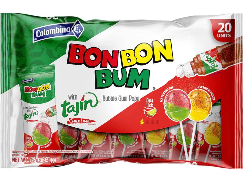 Bon Bon Bum Maracuyá & Sandía con Tajín – 20 Pack (340g / 11.99 oz) – Colombian Lollipops with Bubblegum Center & Spicy Tajín Dip bag - JETa Imports®