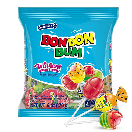 Bon Bon Bum Tropical Assortment Lollipops – 10 Pack – 170g (6 oz) Bag – Colombian Bubble Gum Filled Lollipops – Imported from Colombia - JETa Imports®