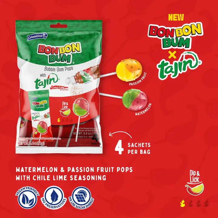 Bon Bon Bum with Tajín – 4pc Bag – 68g (2.4 oz) – Colombian Lollipops with Chili & Lime – Imported from Colombia - JETa Imports®