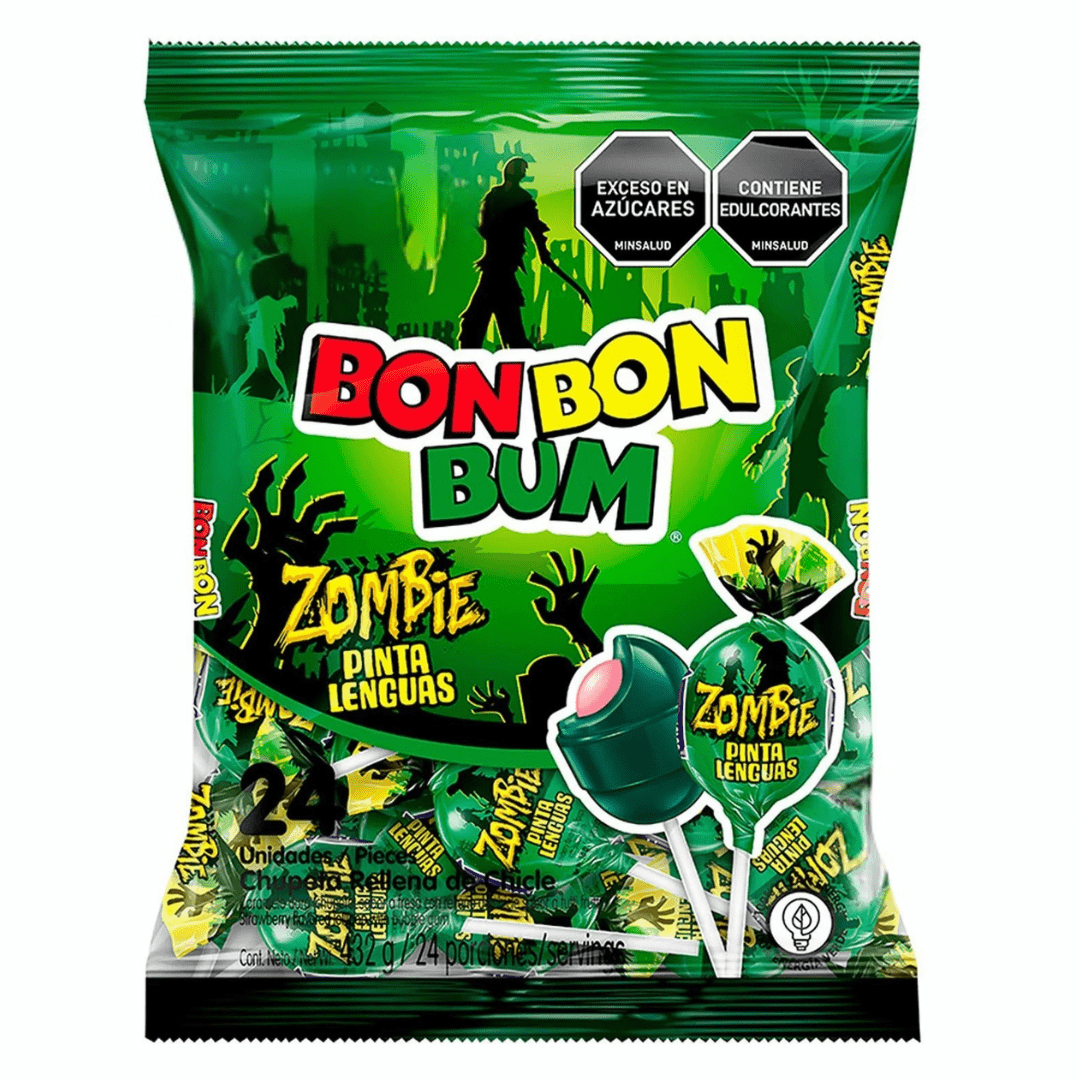 Bon Bon Bum Zombie – 24 Lollipops – 432g (15.23 oz) – Colombian Sour Candy with Bubble Gum Center - JETa Imports®