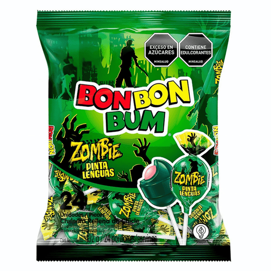 Bon Bon Bum Zombie – 24 Lollipops – 432g (15.23 oz) – Colombian Sour Candy with Bubble Gum Center - JETa Imports®