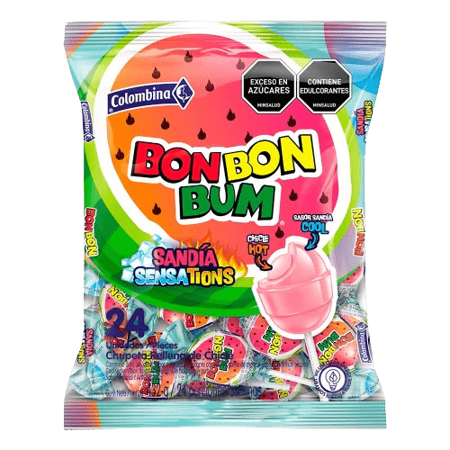 Colombina Bon Bon Bum Sensations – Sandía Cool – 24 Count Box – 408g (14.4 oz) – Watermelon Lollipops with Spicy Bubble Gum – Imported from Colombia - JETa Imports®