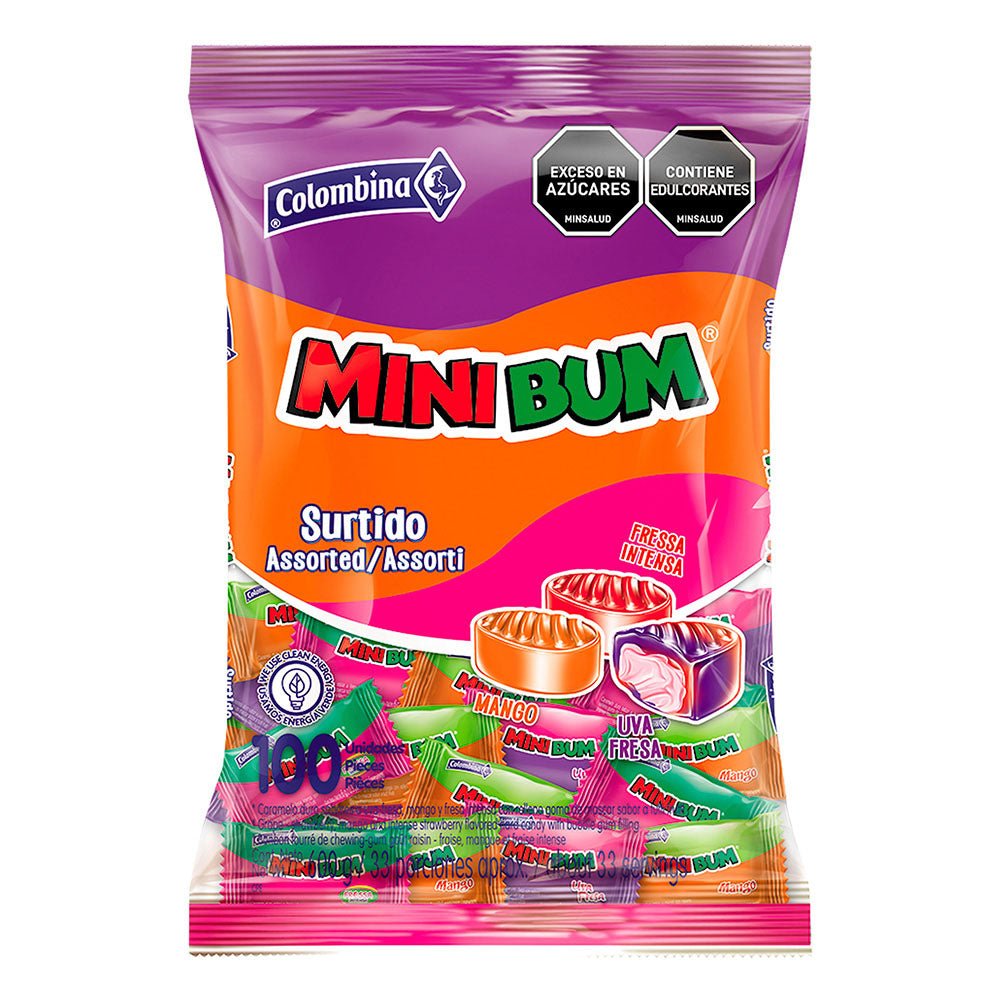 MINIBUM Assorted Hard Candy with Bubble Gum Center – 100 Units – 600g (21.16 oz) – Imported from Colombia - JETa Imports®