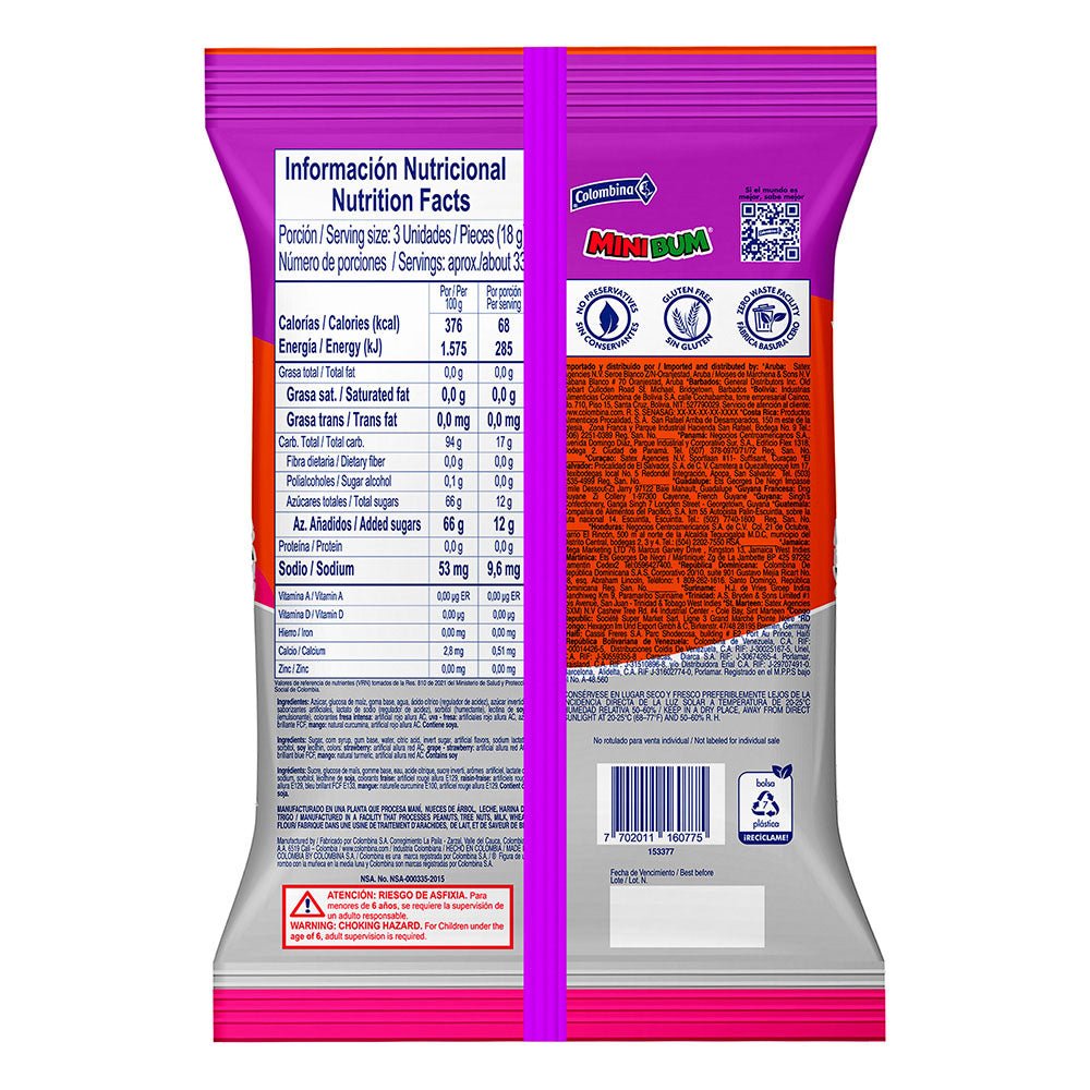 MINIBUM Assorted Hard Candy with Bubble Gum Center – 100 Units – 600g (21.16 oz) – Imported from Colombia - JETa Imports®