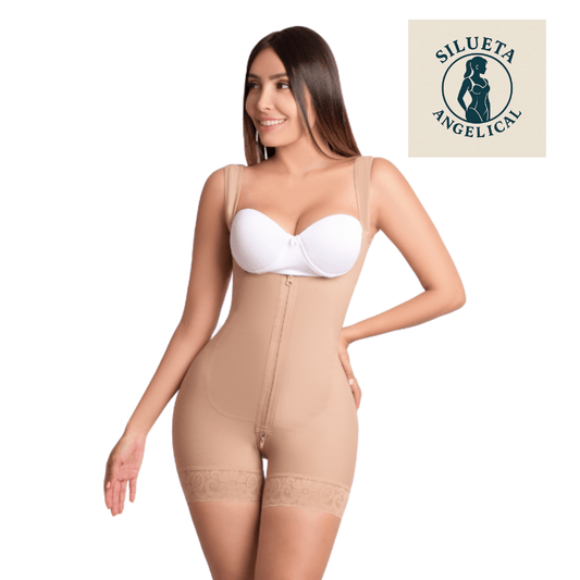 Silueta Angelical Ref 403 – Colombian Short - Leg Full - Body Shapewear – Powernet Compression Faja with Shoulder Hook and Lace Hem – Imported from Colombia - JETa Imports®